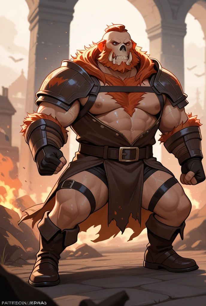 ((1 man)) Beautiful face man, man with bull horns, red hair, bushy red beard, muscular, big pecs, chest hair, pink nipples, Tattoo on belly, with seductive look, big lump, open legs, set in ruins, at night, wearing thongs, bulky thong black boots, shirtless, without pants.