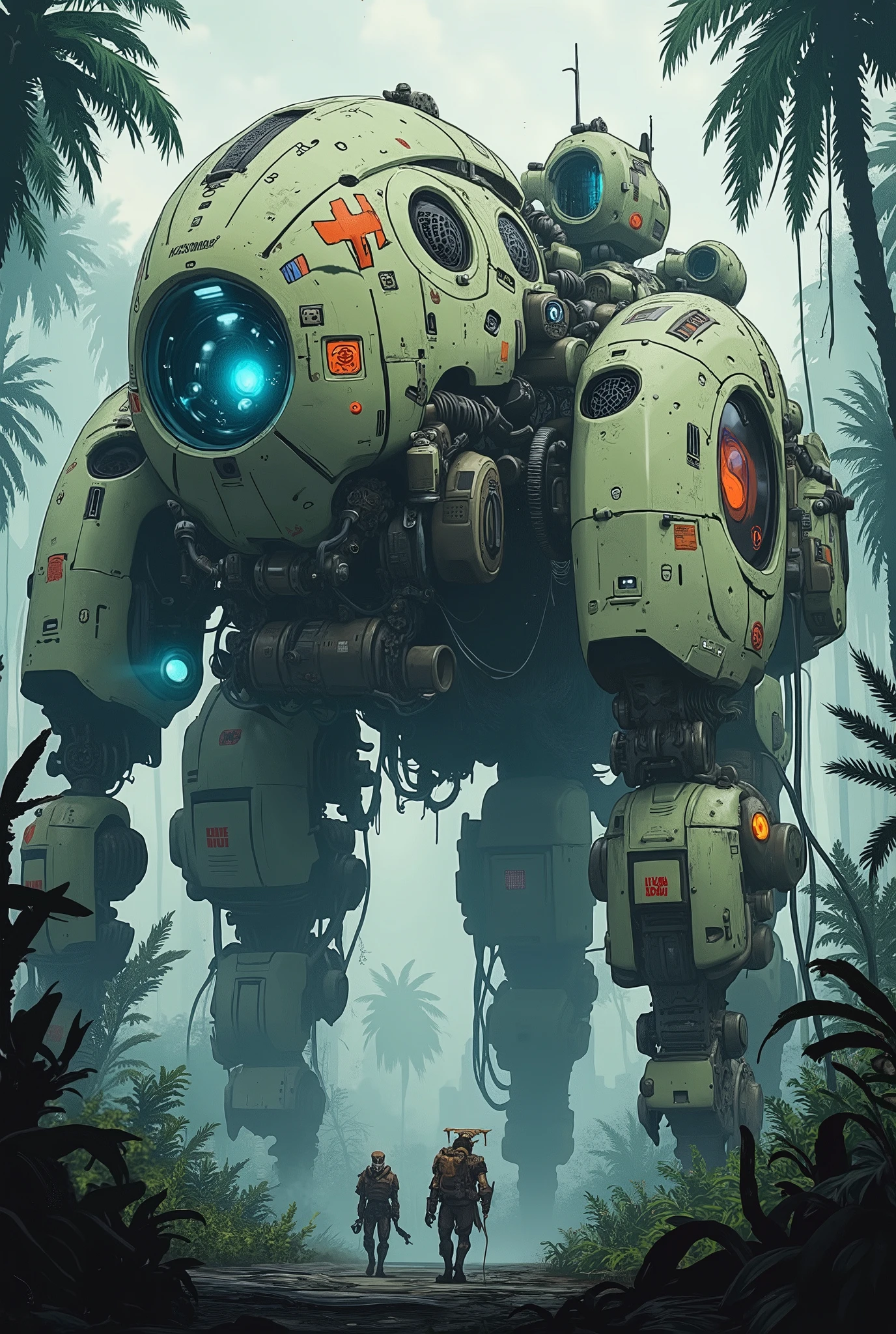 Masterpiece, ultra detail, Grimmdark, darktale, machanical styles. Lowkey lighting, Cinematic scene, 2D video game side view perspective. In foreground, the silhouette shrub, bush. The brutalist steampunk walking War Titan passing through the dark prehistoric Tropical rain Jungle. massive autocannon and shield radiate divine menace, massive weapon systems integrated with cybernetic rune circuits. Its armor is scratched and battle-worn, painted with military green tones and the white “Hosspitaller” marking across its chassis, red cross emblems. (Heavy industrial frame, glowing blue optic, hydraulic limbs, grounded military design). A group of human soldiers, dwarfed by its scale, advances cautiously in front, weapons ready. In background, fully shadow of bushy, leafy Primitive Huge trees and giant fern.