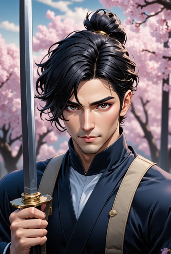 An serious asian man holding a katana vertically besides his head。Cherry blossom in  background.he is staring at viewers with determined eyes. Concentrate.  high resolution, best quality, high detail,  cinematography,  expressionism, super detailed, Reality, Surrealism, Japanese face