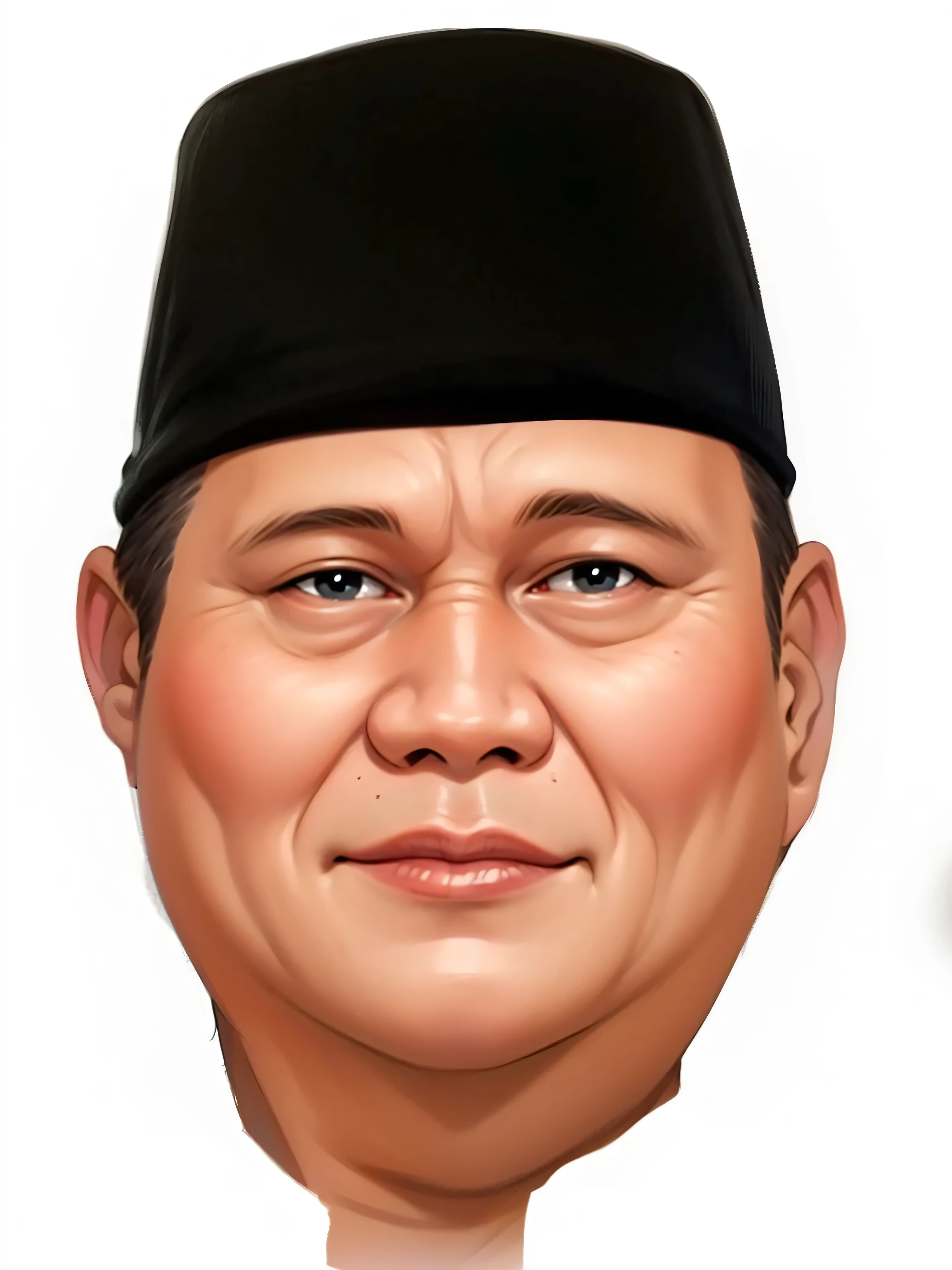 a close up of a man wearing a black hat and a black shirt, Smiling happily,inspired by Prabowo Subianto, Prabowo, president, caricature, potrait, caricature illustration, close up potrait, by Prabowo, [ digital art ]!!, digital matt painting, full protrait