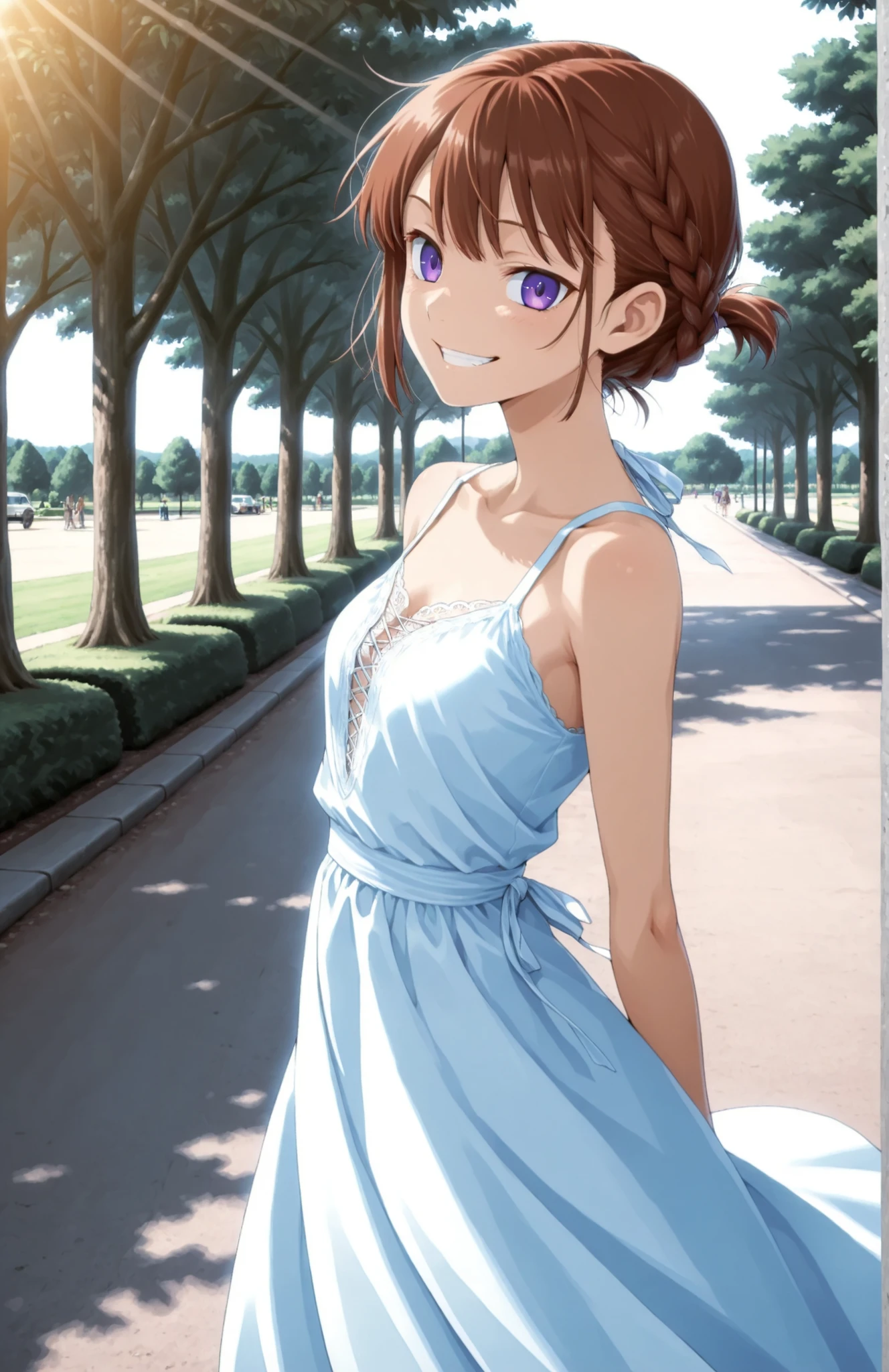 A slender woman with very short red-brown hair tied back lace braid, violet eyes, sly grin, wearing a summer dress, outside in a park, natural lighting, in full view in a highly detailed anime style