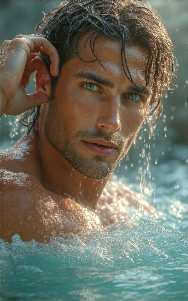 ultrahigh resolution, La mejor calidad, Cinematographer, 4k, (fotorrealista: 1.4), cinematic lighting, Handsome 30 year old man bathing in the river........., barba, ojos verdes