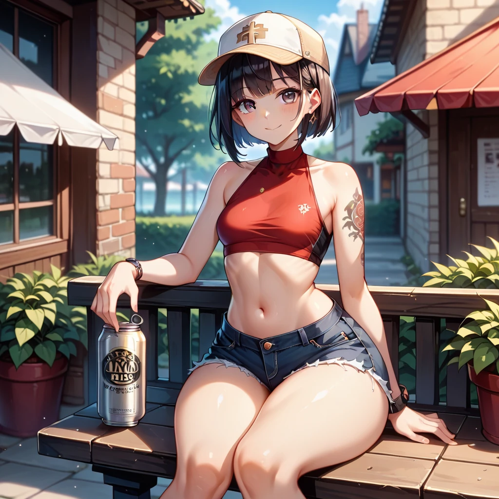 create an anime girl in a black miniskirt with white underwear 26 years old sitting on a bench wearing a low-cut blouse, white woman in tank tops and holding a jar of beer in a luxurious bar landscape