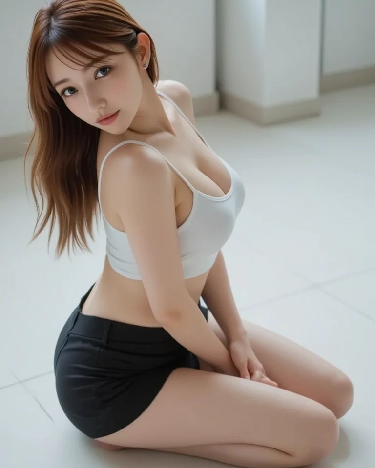 Living room, flooring, houseplants, yoga mat, exercise, night、, Highest quality, shape, Very detailed, In detail, High resolution, 8k wallpaper, Perfect dynamic composition, Beautiful details, Natural Lip, Tight yoga wear, clearly showing pubic lines, Big Breasts, Cleavage, She's laughing and showing off her pussy in random poses..., A masterpiece of the whole body, Full Body Shot