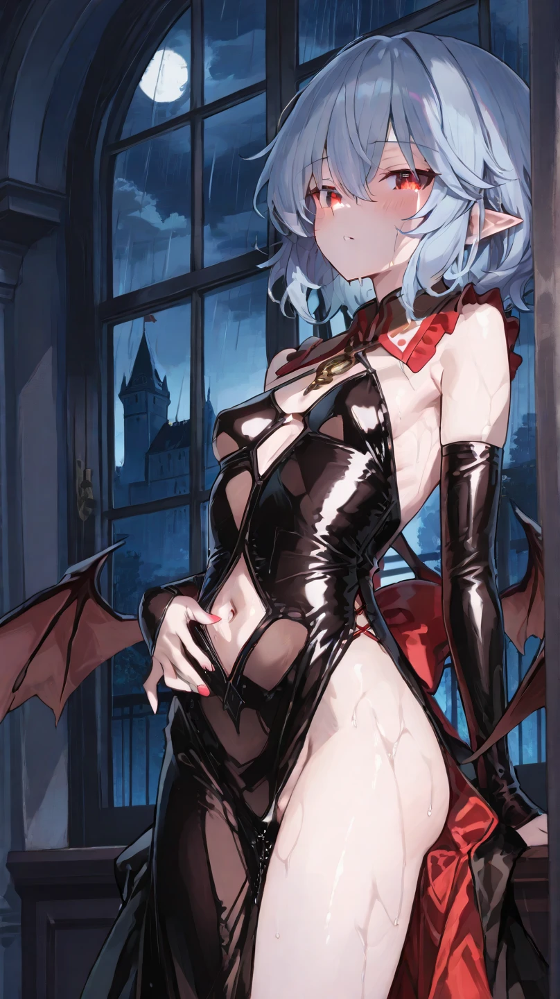 ((Highest quality)), ((masterpiece)),(detailed),High resolution,Sharp focus,Perfect Face,1woman,(complete anatomy),
(非常にdetailed CG unity 8k wallpaper),(((Vibrant colors))),{best illustration},Perfect Fingers,
shiny 肌,very shiny 肌,Shiny body,plastic glitter 肌,exaggerated shiny 肌,illuminated skin,
((detailedなボディ)),(detailedな顔)), cute,Lewd,erotic,Bold,(erection of nipple),Camel Toe,
One girl,Red eyes,Complex eyes,Beautiful fine details,Symmetrical eyes,Big eyes:1.5,Seductive eyes,
Lilith Aensland,very short hair,Purple Hair,slender,(small breasts:1.2),Bat wings on head,bat wings on the back,(Low Wing:1.1),
Open your mouth,embarrassed,Arrogant look, Domineering smile,
dynamic angle, dynamic pose,(from below),arms behind head,
(((vulgarity))),
Bondage,chain,O-ring,See-through,Black panties,Elbow Handbags,Mistress,first round,cuffs,Thigh straps,Thigh boots,
straddling, spread legs, knees away,
Western Castle,Vast Hall,indoor,A row of pillars engraved with intricate runes,A huge, richly decorated throne,Underground Palace,Soft lighting,
