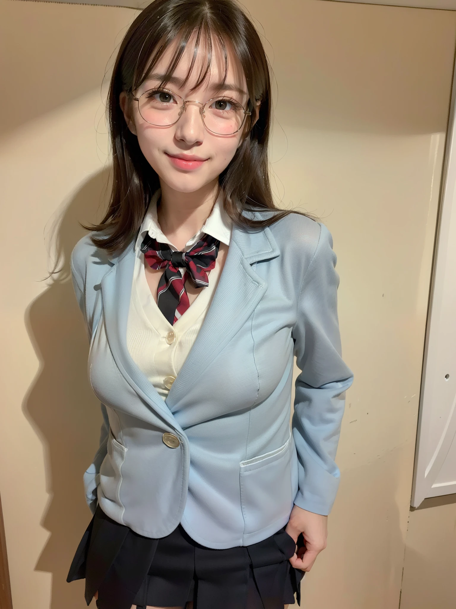 A highly ultra realistic photograph of a female video presenter who is a leader in financial matters. She is approximately 30 years old, Caucasian, and of average height, about 5'9", wearing glasses and with a slightly athletic build. She has an oval face, blue eyes, and straight, medium-length, dark orange hair that is elegantly styled in a modern, professional cut. She has a fair skin tone, well-defined eyebrows, slightly full lips, and a friendly smile. She is wearing an orange dress shirt with a dark blue tie, a dark blue blazer, and dark blue dress pants. She has a silver wristwatch. She has a friendly, confident expression with an upright, relaxed posture. The background is simple and professional, such as a white studio or office wall
