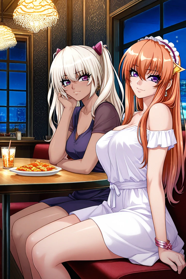 (masterpiece:1.2),(Highest quality),(Very detailed),(High resolution),8k,wallpaper, semi-realistic, anime realistic, long hair, make up, (Perfect Eyes), Earrings , Long eyelashes , Maya Cordelia, long hair, orange hair, violet eyes, BREAK, 2 girls, Kila Kushan, dark-skinned female, long hair, white hair, twintails, indoors, windows, night, restaurant, chairs, sitting, table, looking to viewer, smile, white short dress, jewelery, make up, mascara,