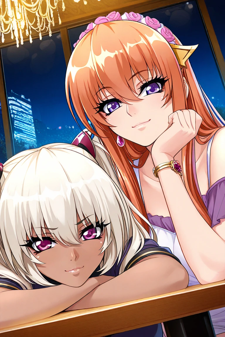 (masterpiece:1.2),(Highest quality),(Very detailed),(High resolution),8k,wallpaper, semi-realistic, anime realistic, long hair, make up, (Perfect Eyes), Earrings , Long eyelashes , Maya Cordelia, long hair, orange hair, violet eyes, BREAK, 2 girls, Kila Kushan, dark-skinned female, long hair, white hair, twintails, indoors, windows, night, restaurant, chairs, sitting, table, looking to viewer, smile, white short dress, jewelery, make up, mascara,