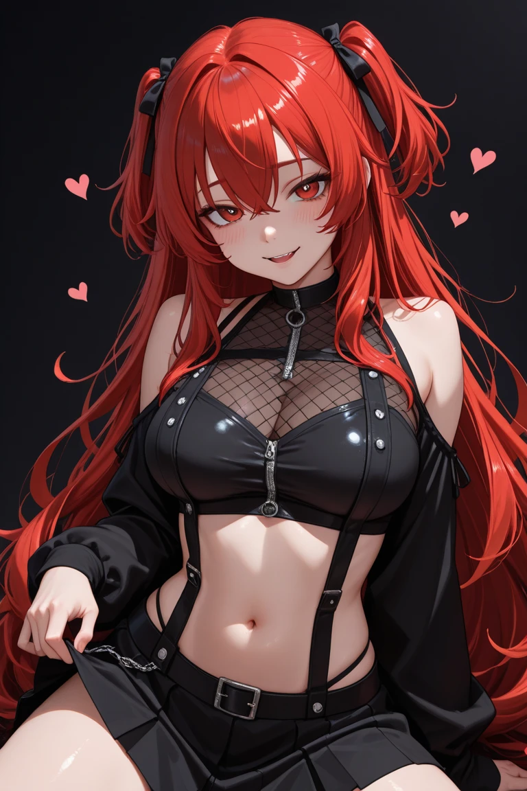 night、Persona 4 Mitsuru、Red hair long waves、Curly Hair、Black Background、Evil background、Hotel Bedroom、Sensual pink light、Red ribbon on chest、White turtleneck、黒いスカートUpper Body、tall、Upper Body、Evil female warrior、Fantasy、Wicked Smile、Intimidating、Fallen into evil、Fall into Darkness、Sexy pose