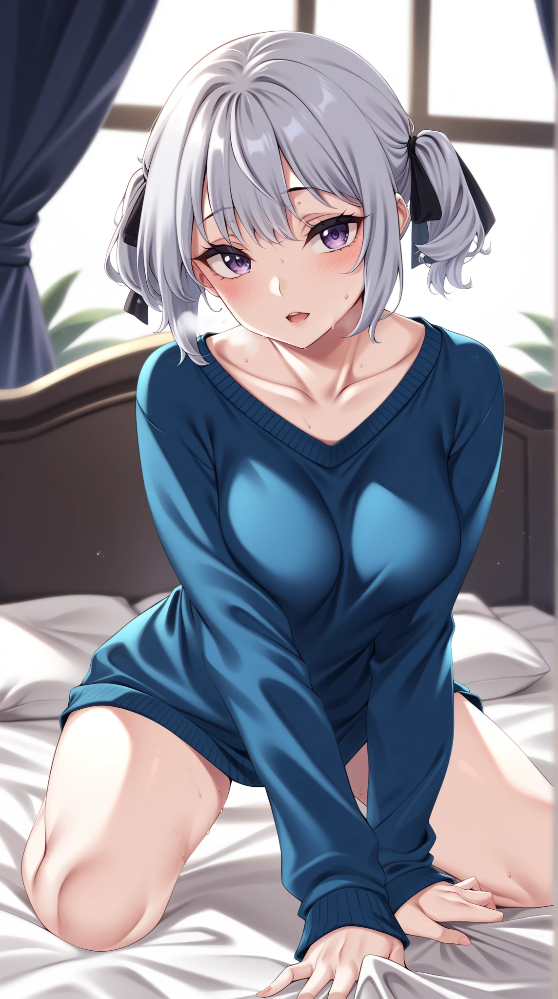 photorealistic, highres, detailed, cute woman with open dress, open mouth,  embarrassed smile, blush,  sit on bed, side breasts, 