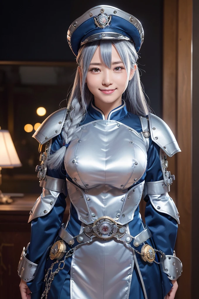 masterpiece, best quality, perfect anatomy, (armor woman hybrid:1.4), fantasy scene, Japanese female, sky blue hair, (big breasts:1.4), giddy smile, sky blue and white, in the snow