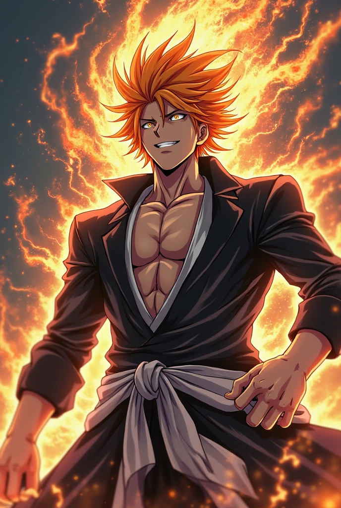 masterpiece, Top quality, 16k uhd, Stand, 1 male fire genasi with orange skin, Fire Wizard, no top, Free upper body, Six-pack muscles, muscular physique, elegant black trousers, fiery burning flame hair, Fire Mage, a swirling fireball hovers above his left hand, Magical setting, Confident Pose, devilish smile. highly detailed facial and skin texture, detailled eyes, square eyebrows, Amber eyes with sparks, Fine facial features, chiseled jawline, Shiny orange skin with smoky undertones