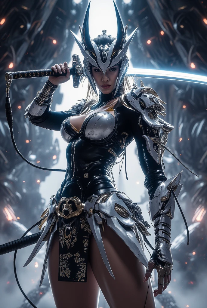 A regal, mystical warrior woman stands proudly, her majestic silver hair cascading down her back like a river of moonlight, framing her elegant face and prominent cheekbones, with glistening green eyes that shimmer like emeralds in the sunlight, piercing through the darkness. Her smooth, porcelain skin has a subtle, golden undertone, hinting at her otherworldly heritage. Clad in dark, supple black leather armor, adorned with intricate, swirling silver patterns that evoke ancient mysticism, she exudes an aura of quiet confidence and unyielding power. In one hand, she grasps a glowing, iridescent orb that pulsates with soft, ethereal light, while the other hand firmly holds a magnificent, glistening silver long sword with an ornate, curved hilt, its blade etched with mysterious runes that seem to whisper secrets to the wind.