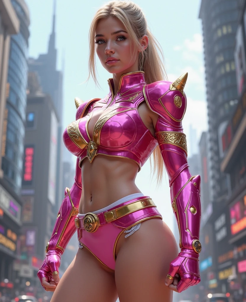 BEAUTIFUL GODDESS WOMAN , tall woman BODY, tall woman, STRONG CURVED ATHLETIC BODY, muscles, BLUE PINK SUIT, body tanga, gold accents, BEAUTIFUL THIGHS EXPOSED, SWEATY BUTTOCKS, Strong glutes, TENNIS GOLD, GOLDEN GAUNTLETS, HUGE LONG BLUE GREEN PINK body hair, very pale skin,  body hair, BRAIDED body hair STYLE, EXPRESSIVE LIGHT GRAY EYES, High cheekbone, rosy cheeks, strapless bodysuit, full body perspective, Side view of the body, War scenario, sexiness, mythology artwork, work of art