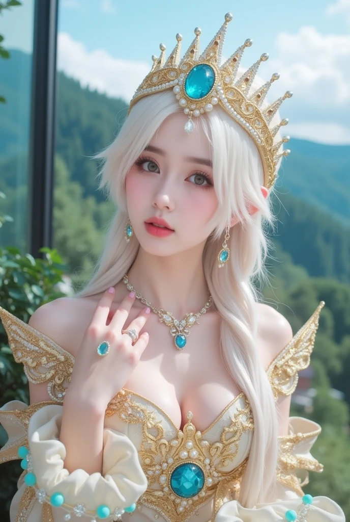 (intense chest expression),top-quality、masterpiece、超A high resolution、(Gold Dragon Armor)、(((Colossal tits)))、(((large floral ornament on the head))),(((Detailed Micro Bikini))),(Wearing a beautiful crown made of jewels),(Photorealsitic:1.4)、Raw photo、女の子1人、(((Random hair))、(((Take different poses)))、glowy skin、(((White Chinese Dragon)))、Intricate and ornate hair ornaments、(Looks like a gorgeous jewelry necklace)、(Full Body Angle)、(fight big dragonet bikini)、((beautiful lake background)),(beautiful forest background)、Precipitous cliffs、(Castle background)、((super realistic details))、portlate、globalillumination、(sexypose)、Shadow、octan render、8K、ultrasharp、Colossal tits、Raw skin exposed in the cleavage、metals、Details of complex ornaments、Japan details、highly intricate detail、Blue eyes、Eyes shining towards the camera、Toostock、(Full Body Angle)、(veils)、(((Heavy Big))),((she is wearing a beautiful jeweled bangle.)),