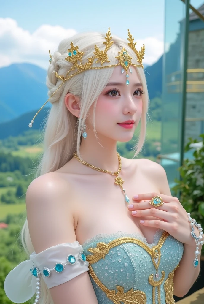 Gorgeous Girl, Beautiful, Baby Face, 20 Years Old, White Skin, Gigantic Colossal Chest, Sleeveless, Cleavage, She is Princess of Asgard Cosplay Costumes, Primcess Cloak, View of Empty Land, The Huge Planet Jupiter Can Be Seen In The Sky, Silver Straight Hair, ((adorable:1.3)), ((masterpiece:1.1))