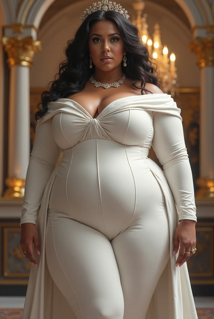 Behold the breathtakingly beautiful plus size African American woman, her long black wavy hair cascading down her shoulders in soft waves. Her light brown eyes twinkle with warmth and inviting charm. Her waist is accentuated by her wide hips, which gracefully curve outward, enhancing her full bust. Dressed in a pristine white robe, she exudes an aura of serene elegance. Comfortable fluffy slippers adorn her feet, adding to her cozy and inviting presence, as she relaxes in her private chamber during the tranquil hours of the night.