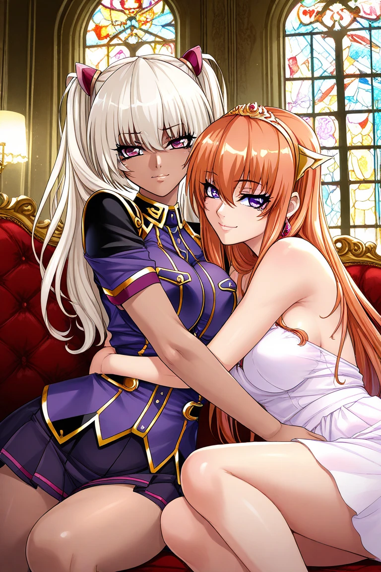 (masterpiece:1.2),(Highest quality),(Very detailed),(High resolution),8k,wallpaper, semi-realistic, anime realistic, long hair, make up, (Perfect Eyes), Earrings , Long eyelashes , Maya Cordelia, long hair, orange hair, violet eyes, BREAK, 2 girls, Kila Kushan, dark-skinned female, long hair, white hair, twintails, palace, ceiling lights, stained glass, couch, cuddling, yuri, looking to viewer, smile, white short dress, jewelery, make up, mascara,