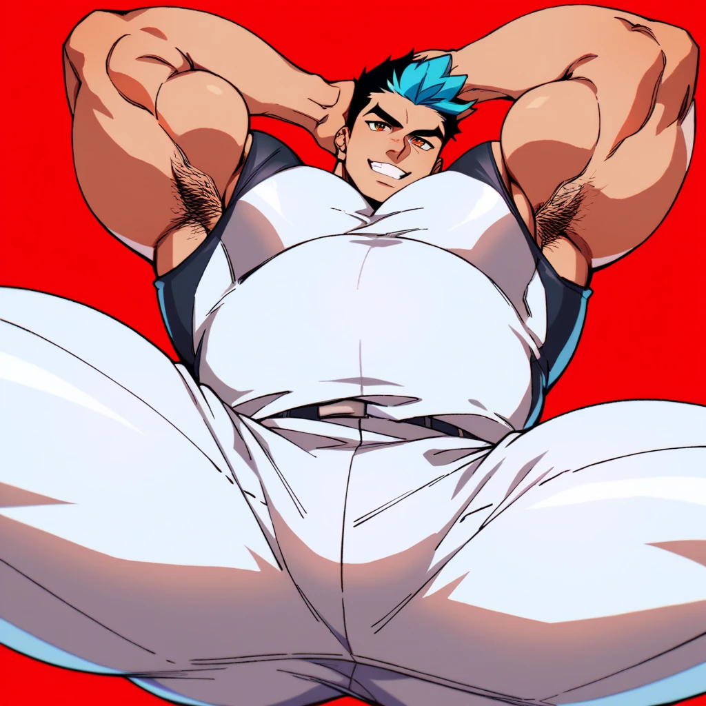 1man,masterpiece best quality, Chubby, Belly, Round face, from front, white hair,, Casual clothes, Simple white background , small black horns, solid purple eyes,