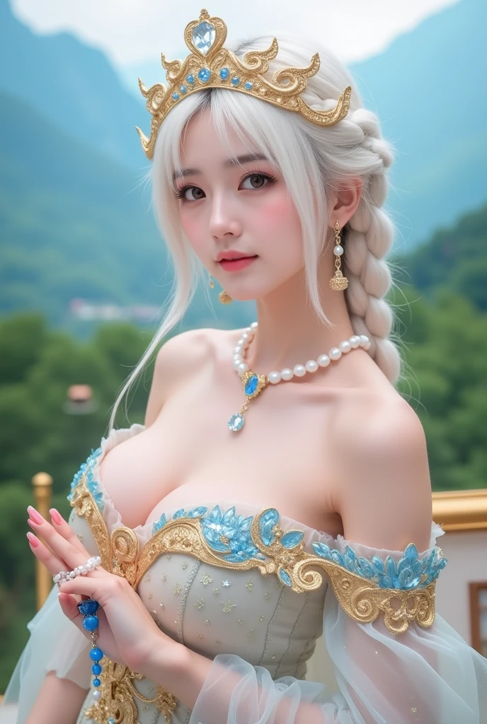 (intense chest expression),highest quality、masterpiece、Super high resolution、(ゴールドdragon armor)、(((big breasts))),dragon armor、(((large floral ornament on the head))),(((Micro bikini with attention to detail))),(wears a beautiful crown made of precious stones),(Photoreal:1.4)、RAW photo、1 girl、(((random hair))、(((take various poses)))、glowing skin、(((White Chinese Dragon)))、intricate and gorgeous hair ornaments、(Looks like a gorgeous jewelry necklace)、(whole body angle)、(fight big dragonet bikini)、((beautiful lake background)),(beautiful forest background)、sheer cliff、(castle background)、((Super realistic details))、Portrait、global illumination、(sexy pose)、Shadow、octane rendering、8K、super sharp、big breasts、Raw skin exposed in the cleavage、Metal、intricate decorative details、Japan details、very intricate details、blue eyes、Eyes shining towards the camera、two stock、(whole body angle)、(veil)、(((heavy big))),((she is wearing a beautiful jeweled bangle.)),