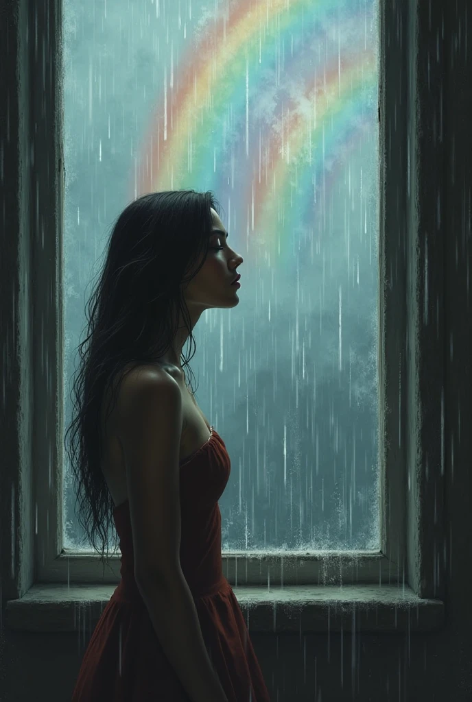 ((最高品質)), ((傑作)), ( 詳細), It is raining heavily outside, and a beautiful woman is standing by the window, gazing sadly out the window. The window reflects a rainbow shining through a clear patch of rain and raindrops.