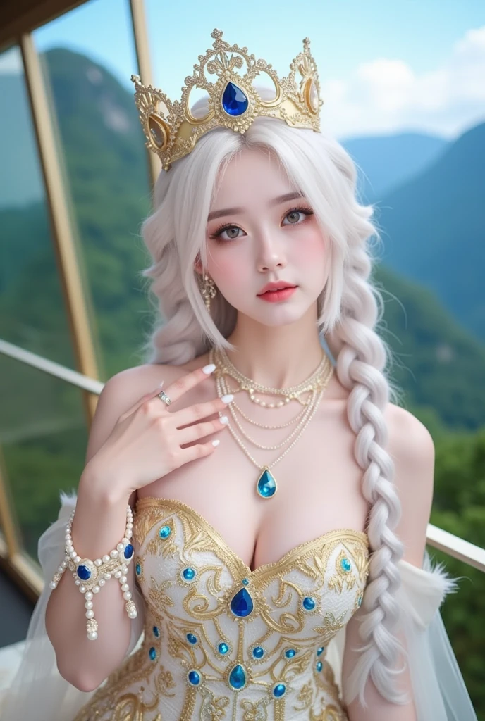 Girl, silver and gray dress, topless, gray hair, tiara, glove, chokes, gray long sleeves, ear wear, detailed hand, oval face, detailed face, parted smile lips, picture form top to knee, sexy standing pose, large breasts, look at camera, camera from top, detailed, dark cave background, photorealistic, best quality