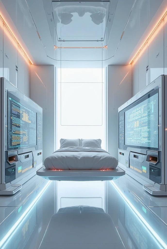 anime style, high-tech laboratory, surgery bed in the middle, low view, futuristic place incorporates organic fluidity、organic shapes, glass displays on the wall, dreamlike white desert, warm tones, indoor lighting, no windows, and use artistic imagination to render houses and landscapes, Pure white technology style, Spacious indoor space，super exquisite details，4K quality rendering