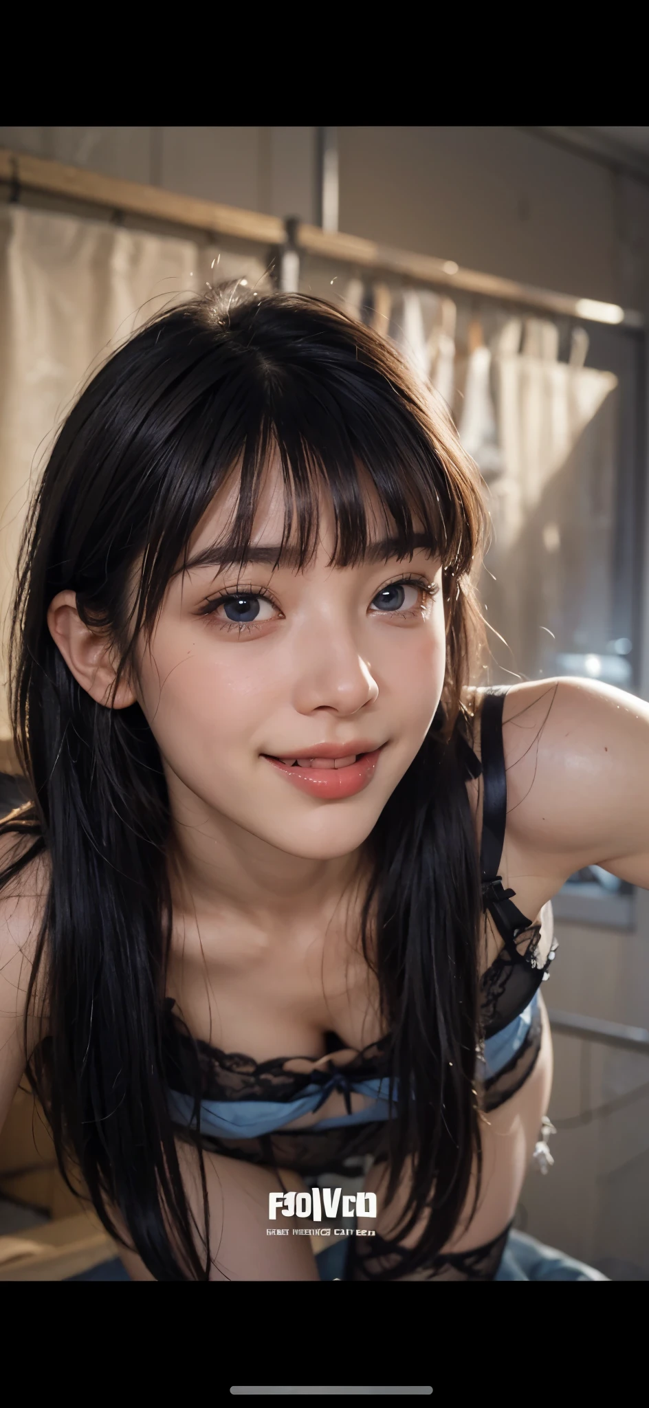 Highest quality, masterpiece, Ultra-high resolution,8K, (Realistic:1.6), (Close portrait:1.4) RAW Photos, ((Super Up,Light black contact lenses,Facial beauty)),girl,(Full of smiles, Showing teeth)), 22 years old,((short hair)),((Looking up at the audience)),(Face Focus:1.4),((Photographed from above with a fisheye lens:1.4)),