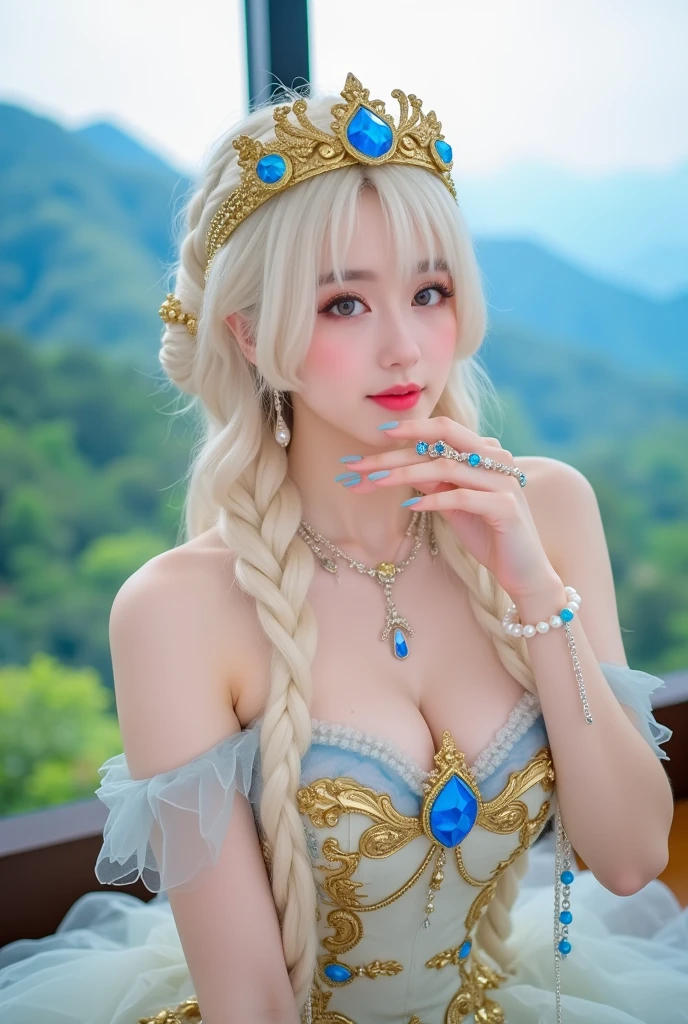 (intense chest expression),top-quality、masterpiece、超A high resolution、(Gold Dragon Armor)、(((Colossal tits)))、(((large floral ornament on the head))),(((Detailed Micro Bikini))),(Wearing a beautiful crown made of jewels),(Photorealsitic:1.4)、Raw photo、1人、(((Random hair))、(((Take different poses)))、glowy skin、(((White Chinese Dragon)))、Intricate and ornate hair ornaments、(Looks like a gorgeous jewelry necklace)、(Full Body Angle)、(fight big dragonet bikini)、((Beautiful sea background)),Precipitous cliffs、(Castle background)、((super realistic details))、portlate、globalillumination、(sexypose)、Shadow、octan render、8K、ultrasharp、Colossal tits、Raw skin exposed in the cleavage、metals、Details of complex ornaments、Japan details、highly intricate detail、Blue eyes、Eyes shining towards the camera、Toostock、(Full Body Angle)、(veils)、(((Heavy Big))),((she is wearing a beautiful jeweled bangle.)),Beautiful hip line、