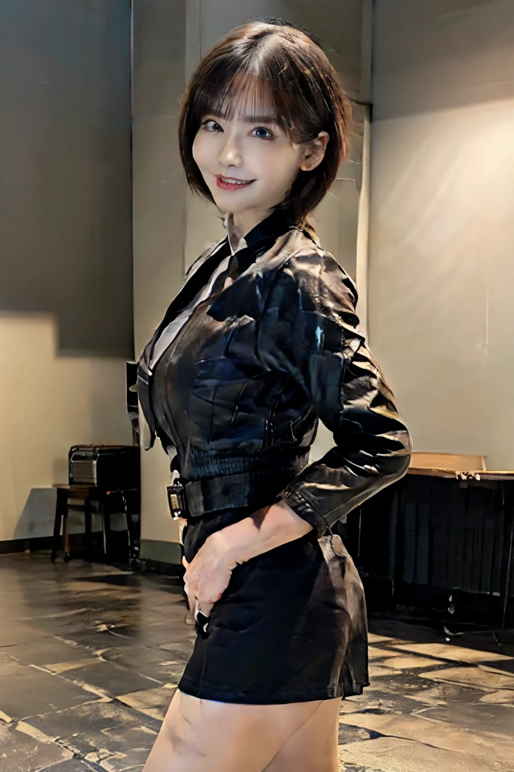 ((office workers)),1girl,(High Quality,high image quality,masterpiece,8k),(real),professional lighting,(backshot),(Above Knee Configuration),18 years old,looking back at the camera,((short hair)),(pixie cut hair),((pretty face)),big smile,(Big Breasts:1.3),(taut bust),((I'm wearing a red leather jacket)),((I'm wearing a white blouse under my jacket)),gold belt at the waist,((I'm wearing a tight brown leather miniskirt)), Shiny,((Clear Skin)),(Tight Hips ),Skyscraper district,Sexy Body