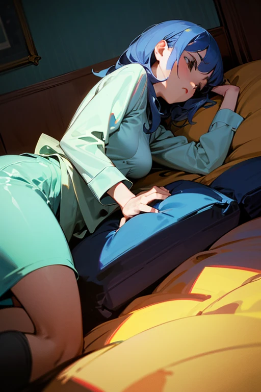1 girls, long blue hair, (blue eyes:1.5), solo, housewife,((wearing long House dress))), facing away from the camera, backside, lying on bed with doggy style sex position, back, bedroom, sharp outline, short sleeves, looking at viewers, camera angle from behind, full body, best quality, masterpiece
