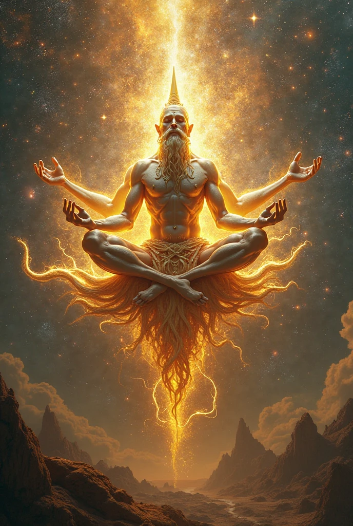 Spiritual yogi having long hair and beard enlightenment with kundali mascular powerful third eye , look like shiv the gid of yoga and destroyer meditating in the universe , and 3 eye open . Having sun and moon in background 