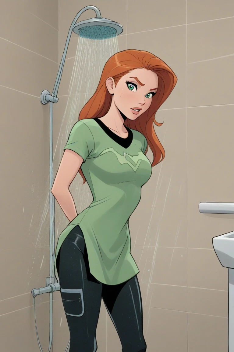 sam, totally spies, sitting, crossed legs, inside a toilet stall, skirt, bare shoulders, green eyes, orange hair, gloryhole, throbbing penis, foreskin