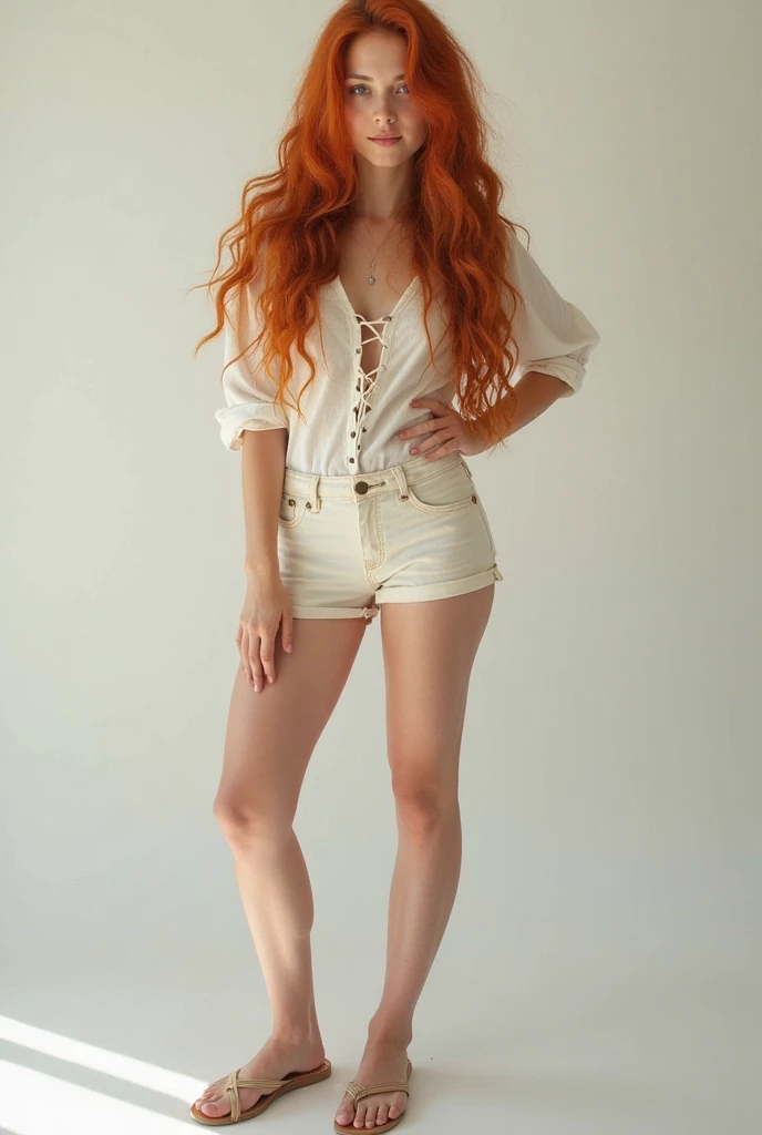 one of 14 big wavy red hair light brown eyes very short cropped and short shorts 