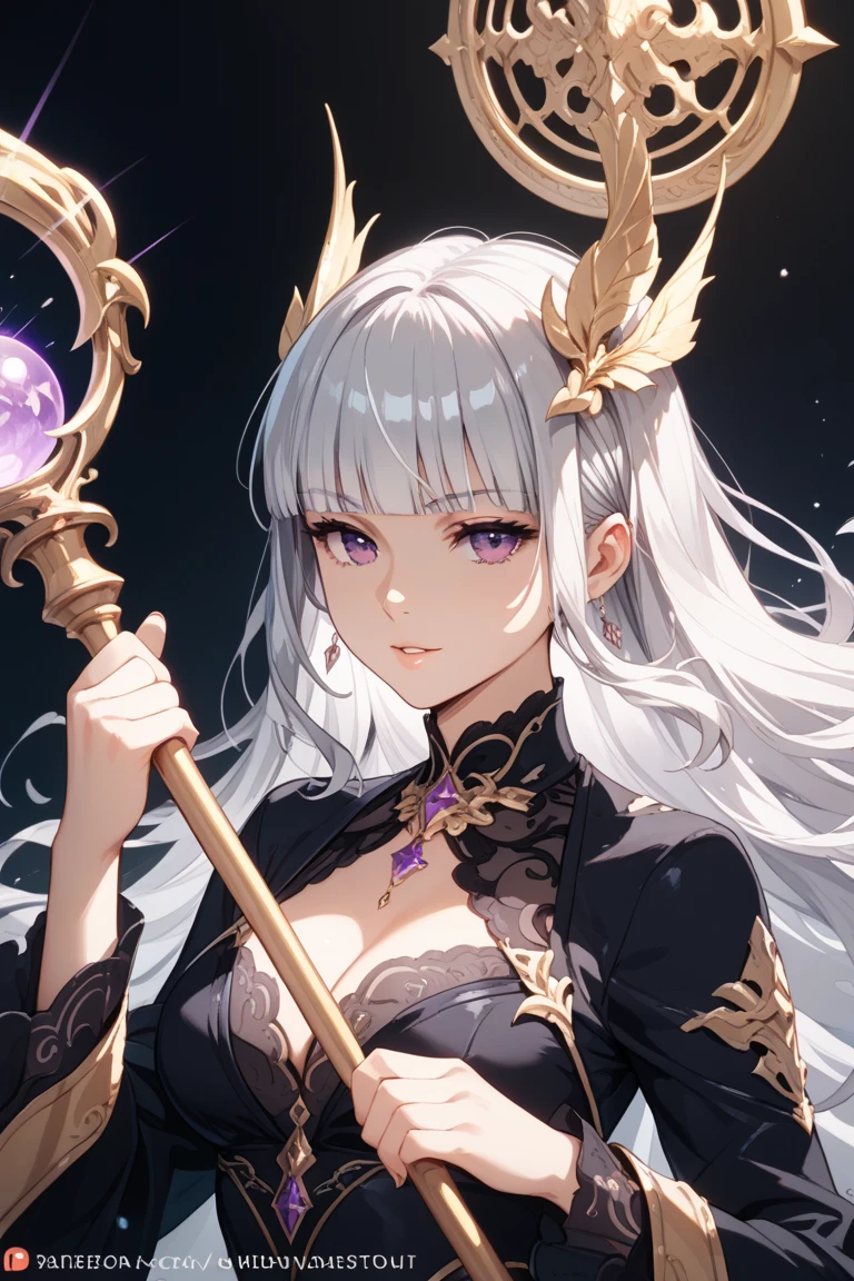 (8k, best quality, master piece: 1.2),super high resolution,1 girl, solo, colorshift eyes, hyperdetailed, expressive eyes, ultra-detailed face, fantasy witch, Velvet, lace, Purple, gold, Black Robe、Pointed hat、Magic wand, Magic Circle, Shining grain, silver gray hair, Magical cave, Blue, purple, gold, dark, magical glow, Ecstatic expression, Collarbone, cleavage, cowboy shot