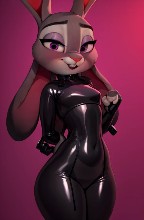score_9_presence, score_8_up, Judy hopps, zootopia, HD, high res, solo portrait, feet visible, furry; anthro, masterpiece, movie accurate, detailed fur, anthro; slim figure, black nose, cute purple eyes, long eyelashes, fluffy tail, big bunny ears, sharp black nails, curvy hips, big butt, pink puss, beautiful legs, beautiful feet, blushing, wearing black latex bdsm suit, teasing, at a bunny party, loslts of bunnies looking at Judy Hopps, low light, shiny reflections on latex.