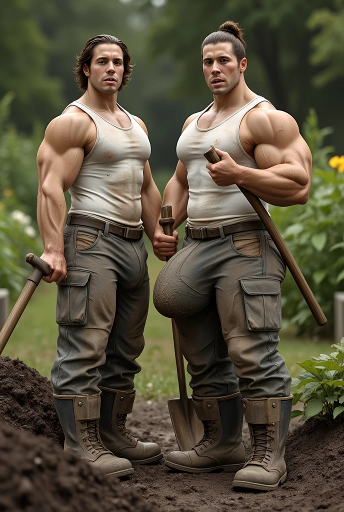 ffull view full body, 2 different white european over-muscular young handsome gay cowboys, with undercut fresh haircuts, wearing old tattered jeans, but brand new incredibly pointy leather cowboy boots and gay styled rings, bracelets, chains and necklaces, front very old farm in middlewest, they show their nice new boots