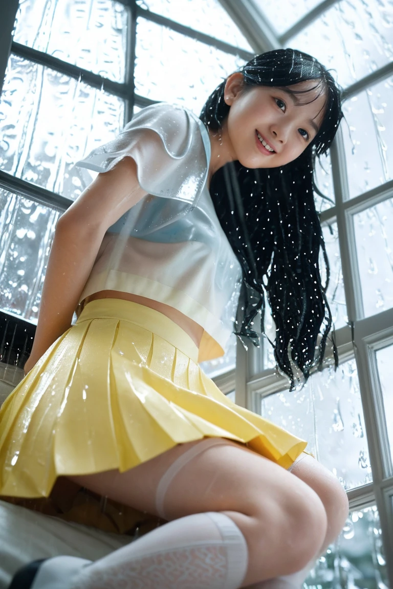 Japanese , high school, ,small breasts, sow off nipples under a wet transparent white shirt, a wet transparent skirt , touch pussy, pussy juice, masturbation , conversation, smile, Inside the elevator