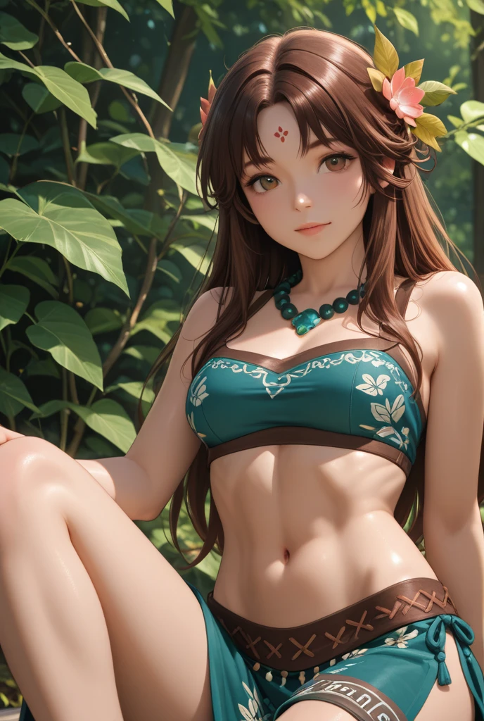 (masterpiece), best quality,1girl,exotic beauty,expressive eyes, perfect face,full lips, long straight brown hair, suede bikini,jungle