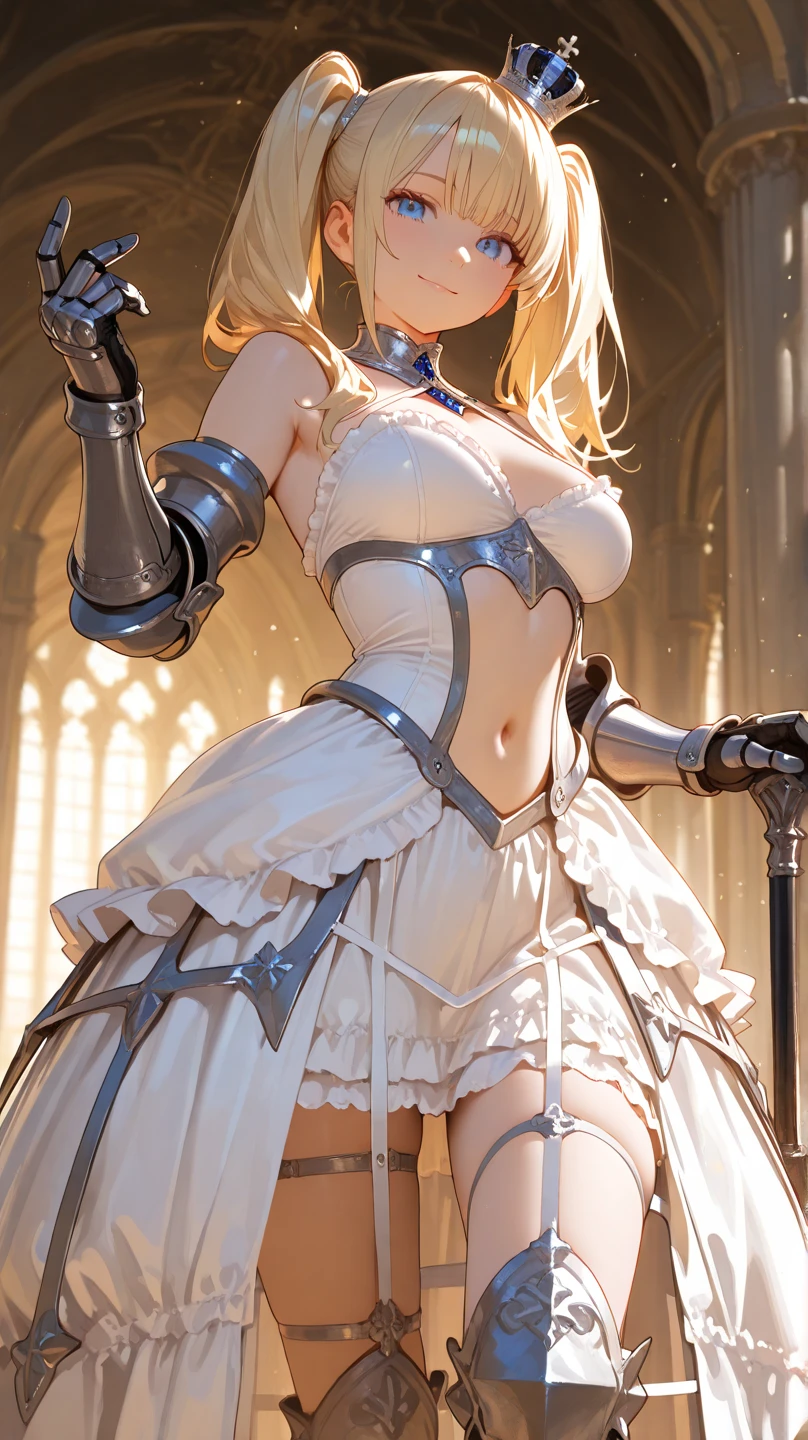 (dynamic fighting pose),(leather boots,(asymmetrical mecha armor),(long embroidered white lace dress,see through,lift up the hem of the dress)),(random hairstyle),(Thin type:1.8),(large breasts),(Highest image quality,(8K), Ultra-realistic, Best Quality, High quality, High Definition, high quality texture, high detailing, Beautiful detailed, fine detailed, extremely details CG, Detailed texture, realistic representation of face, masterpiece, presence)