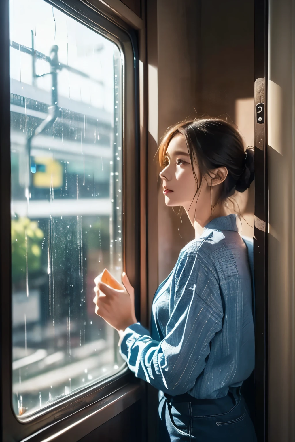 realistic、((It's raining outside the window 2.0))、((Woman standing next to train door looking outside 2.0))、( short shortcut)、( slender slant eyes )、((Looking out of the window 2.0))、profile、Hold on to the handrail、angle from behind、high image quality、8k