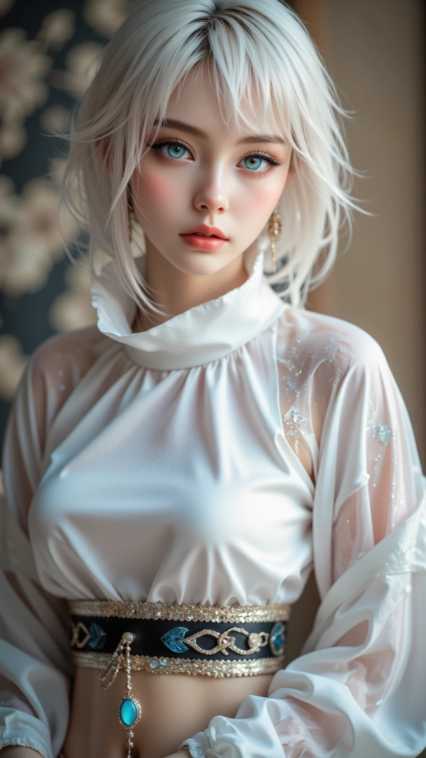 (best quality,portrait:1.2),pale skin,long rooted white hair, elongated bob hairstyle, blue eyes, pale thin lips, white t-shirt,black leather jacket, skirt, eyeliner, perfect body, ((big breast, big hips)), detailed body, full body, super detailed, 8k