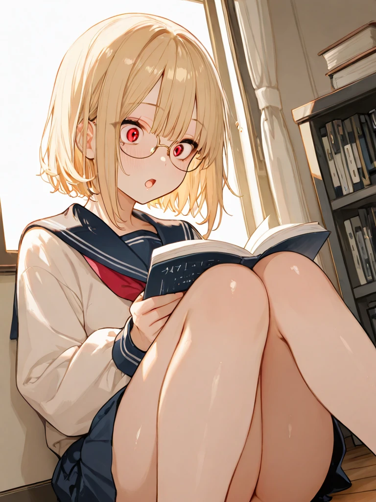 Blonde, short bob, big butt, uniform, cardigan, reading manga while lying in bed, face down, panty shot,grin