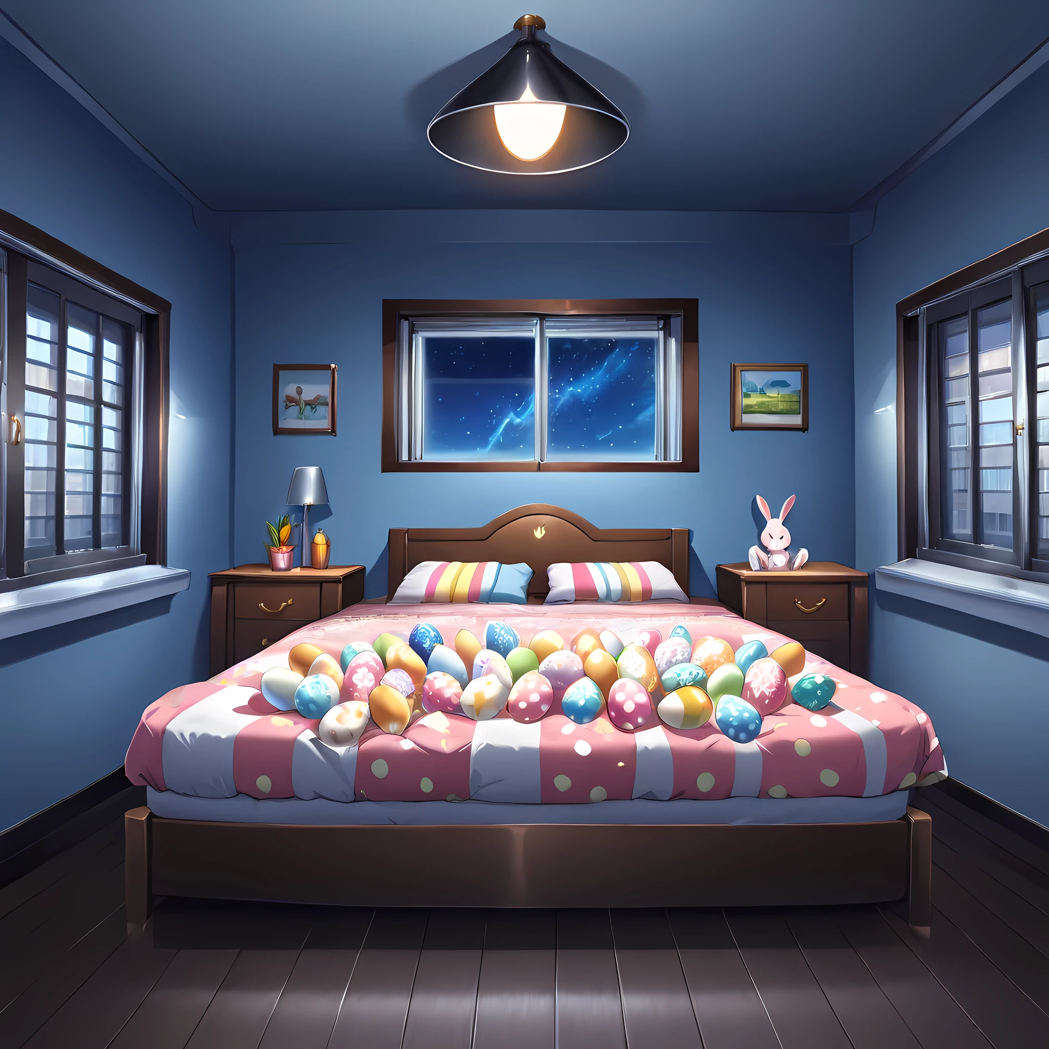 (bedroom with bed with rabbit details, bunny themed room, room with lots of easter eggs, colorful sheets and eggs on the bed), technological room with easter eggs scattered around, dark room, spaceship room, window with a view of outer space, anime style art, ((better image quality, richness of scenery details, better shading, better sharpness)), (high angle)