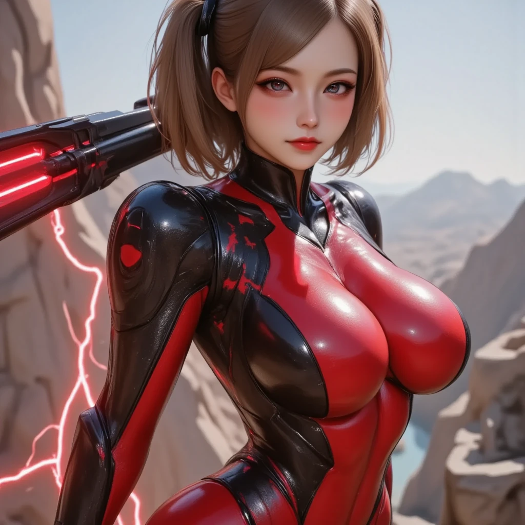 Rough skin, Very detailed, Advanced Details, high quality, 最high quality, High resolution, 1080P, hard disk, beautiful,(Arcee),beautifulサイボーグ女性,Bright red mecha cyborg girl,BATTLE MODE,Mecha Body Girl,she&#39;Wearing futuristic Transformers mecha,Woman warrior,　Brown Hair　Thick eyebrows　Chiquita　Sweaty face　Painful expression　Steam coming out of the face