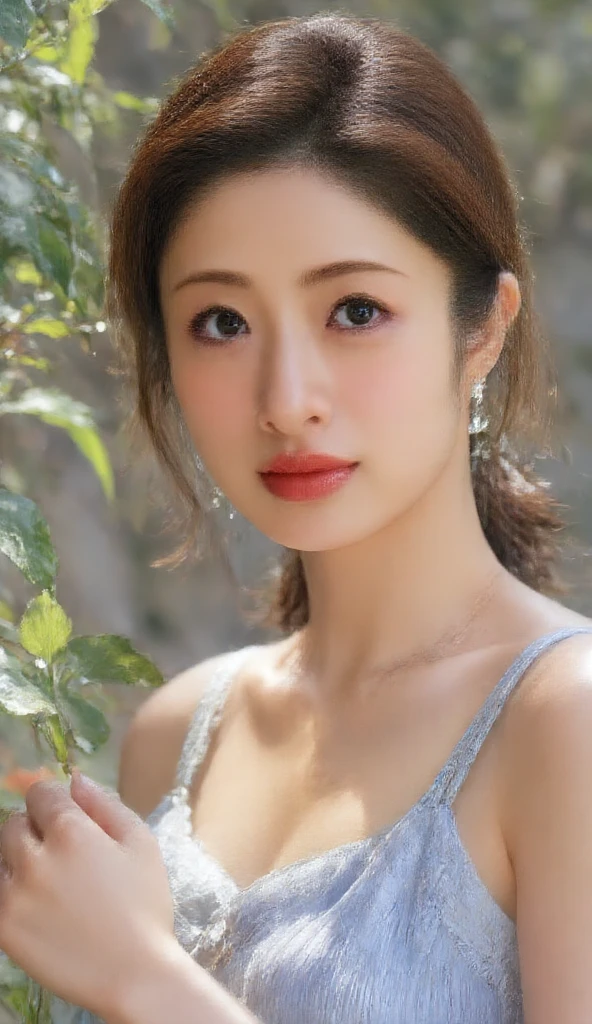A drone-captured aerial view of a beautiful Japanese woman standing in an open field, looking up towards the sky. The perspective is from directly above, emphasizing the height and distance as the drone hovers high above her. She has a delicate and symmetrical face, with soft features that are clearly visible despite the top-down angle. Her dark, glossy hair is gently tousled by the breeze, and she is wearing a flowing white dress that contrasts elegantly with the lush green grass beneath her. Her serene and curious expression is captured perfectly, as her large, expressive eyes gaze upwards. The sunlight casts soft, natural shadows, enhancing the depth and realism of the scene, while the woman's beauty and grace are evident from this unique aerial perspective.