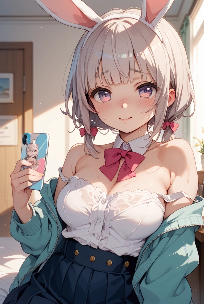 girl,((selfie:1.3)),Casual winter clothes that show cleavage,hat,((small breasts)),smile,close up of face,可愛らしいgirlの部屋,stuffed toy