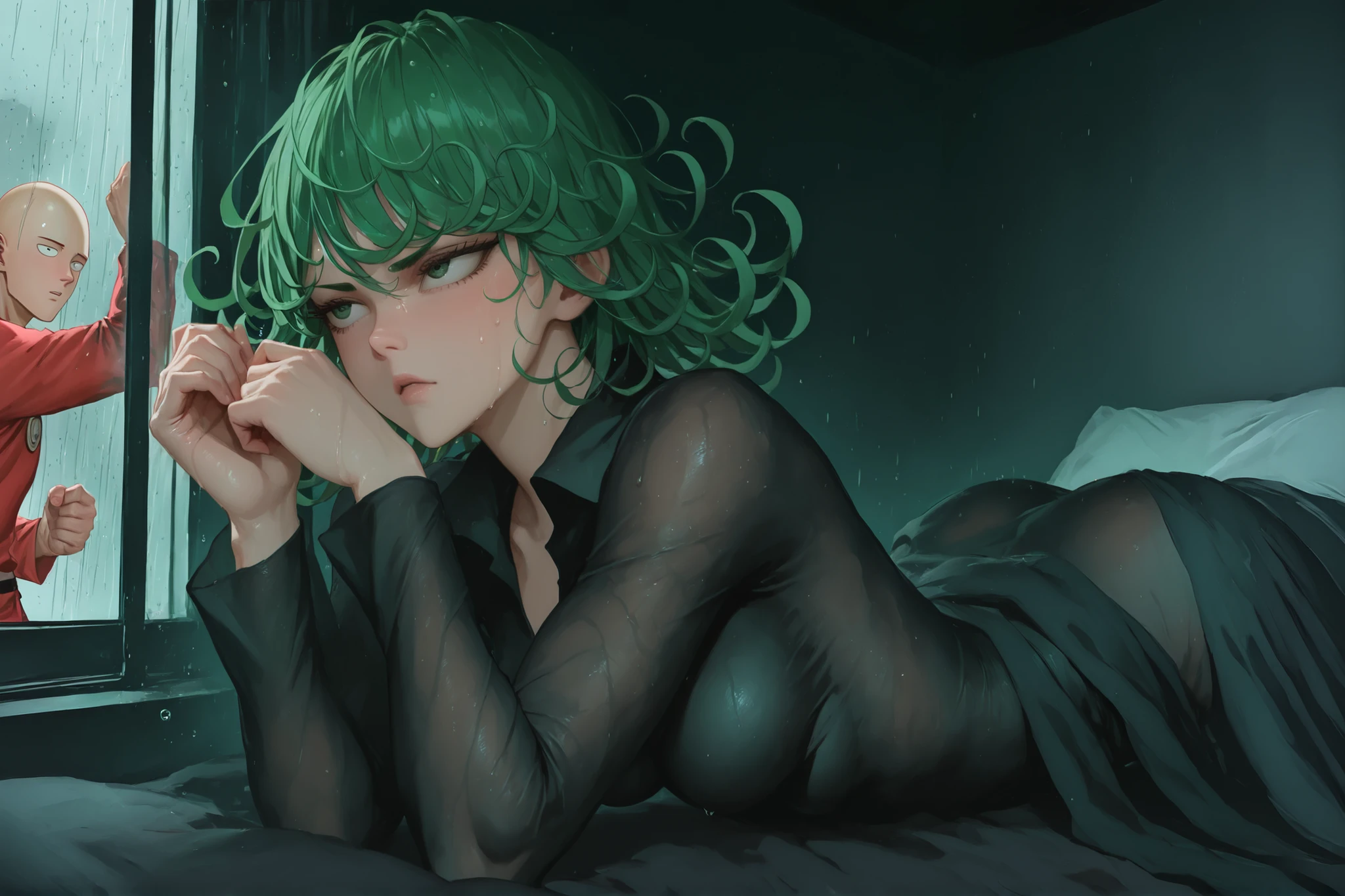 One punch man, sexy tatsumaki is depressed. Tatsumaki has her face and hands pressed against a rain soaked window. TATSUMAKI is in a dark BED room but watches the raging thunderstorm outside, longing for saitama dream bubble of Saitama hugging her and keeping her warm.