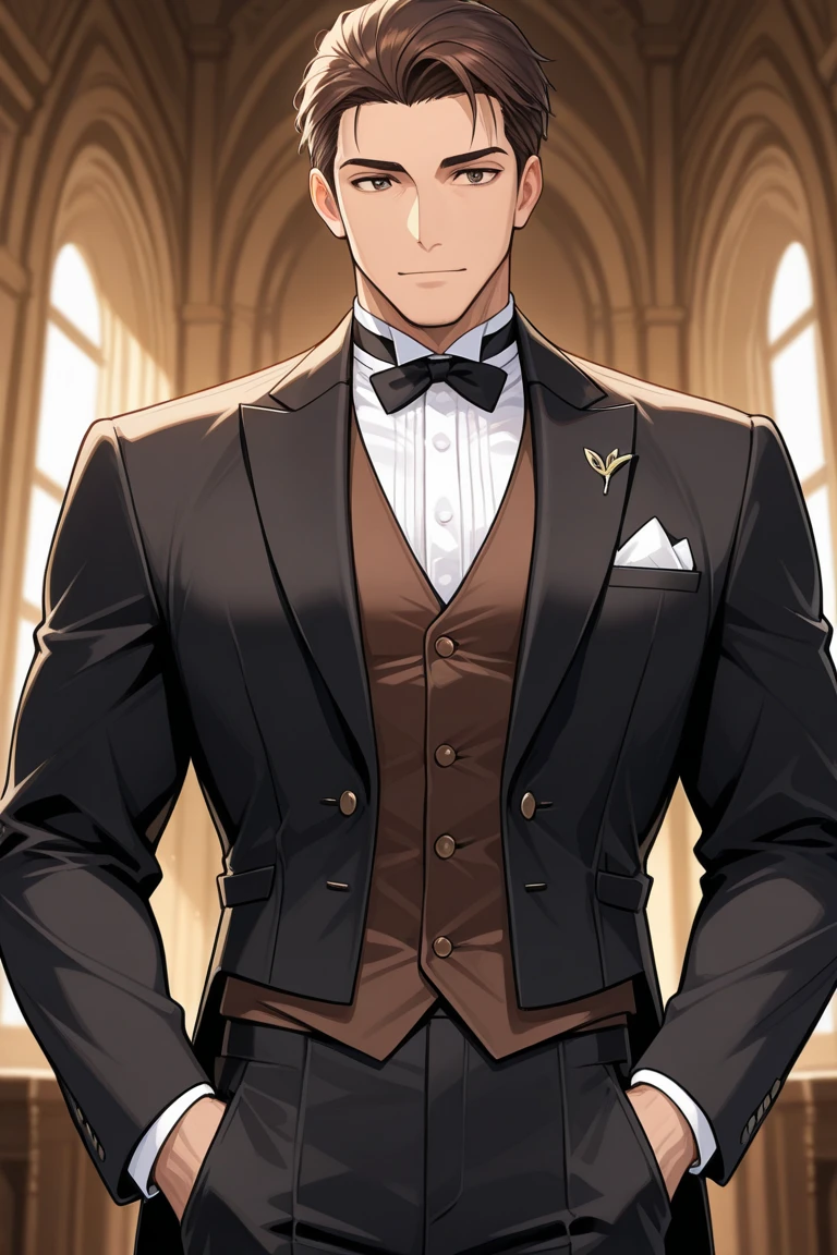 masterpiece, best quality, , 1boy, solo, male focus, looking at viewer, upper body, depth of field, regulus_corneas, white hair, yellow eyes, , formal, necktie, dress shirt