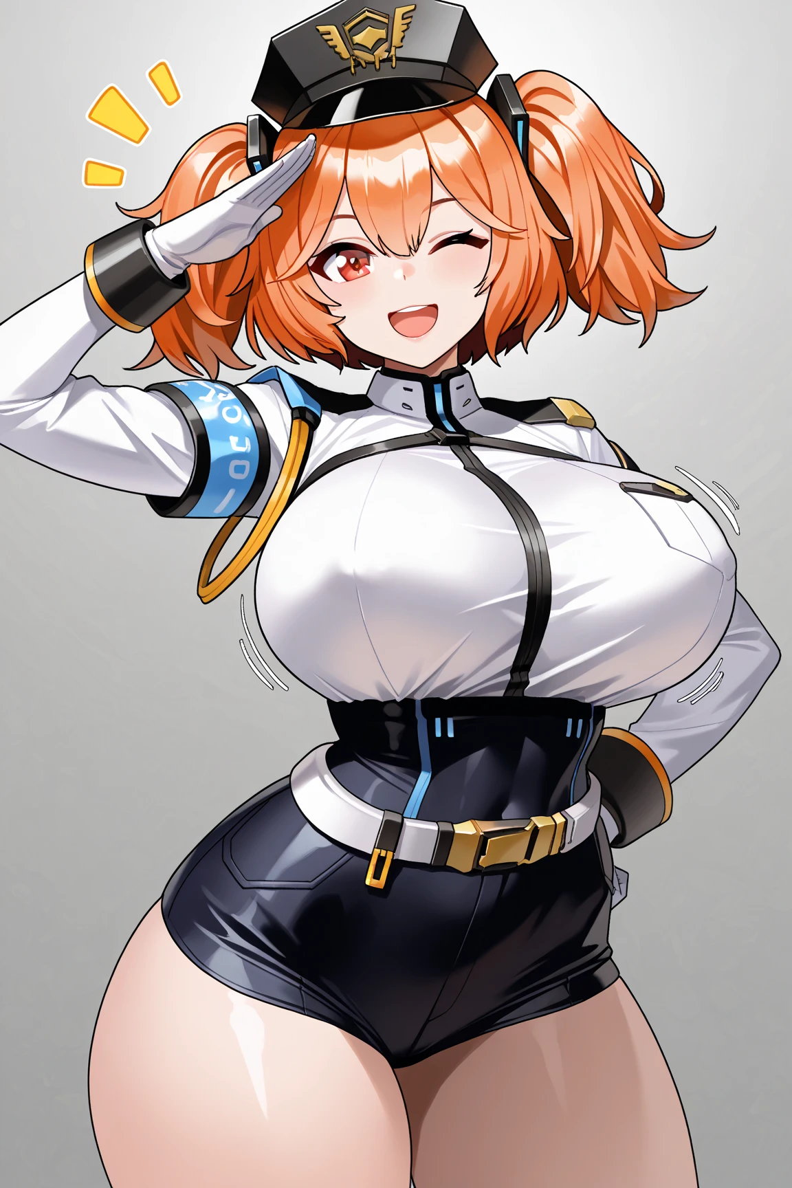 One girl,Huge breasts, narrow waist, Red eyes,Cerberus_(base), Official Alternative Costumes, shiny, oily skin, gloves, (simple White Background:1.6), white gloves,Both sides up, Short shorts, police, police uniform, Black shorts, policewoman, Garrison Cap, (Thick thighs, Voluptuous thighs), bare breasts, bursting breast,